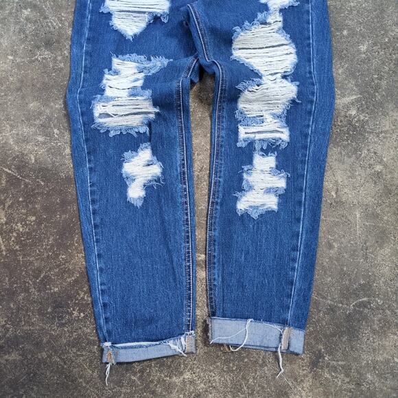 Pull Bear Mom Jeans Womens 4 Blue Pants Distressed Baggy Cuffed Dark Waist 26 - Picture 3 of 9